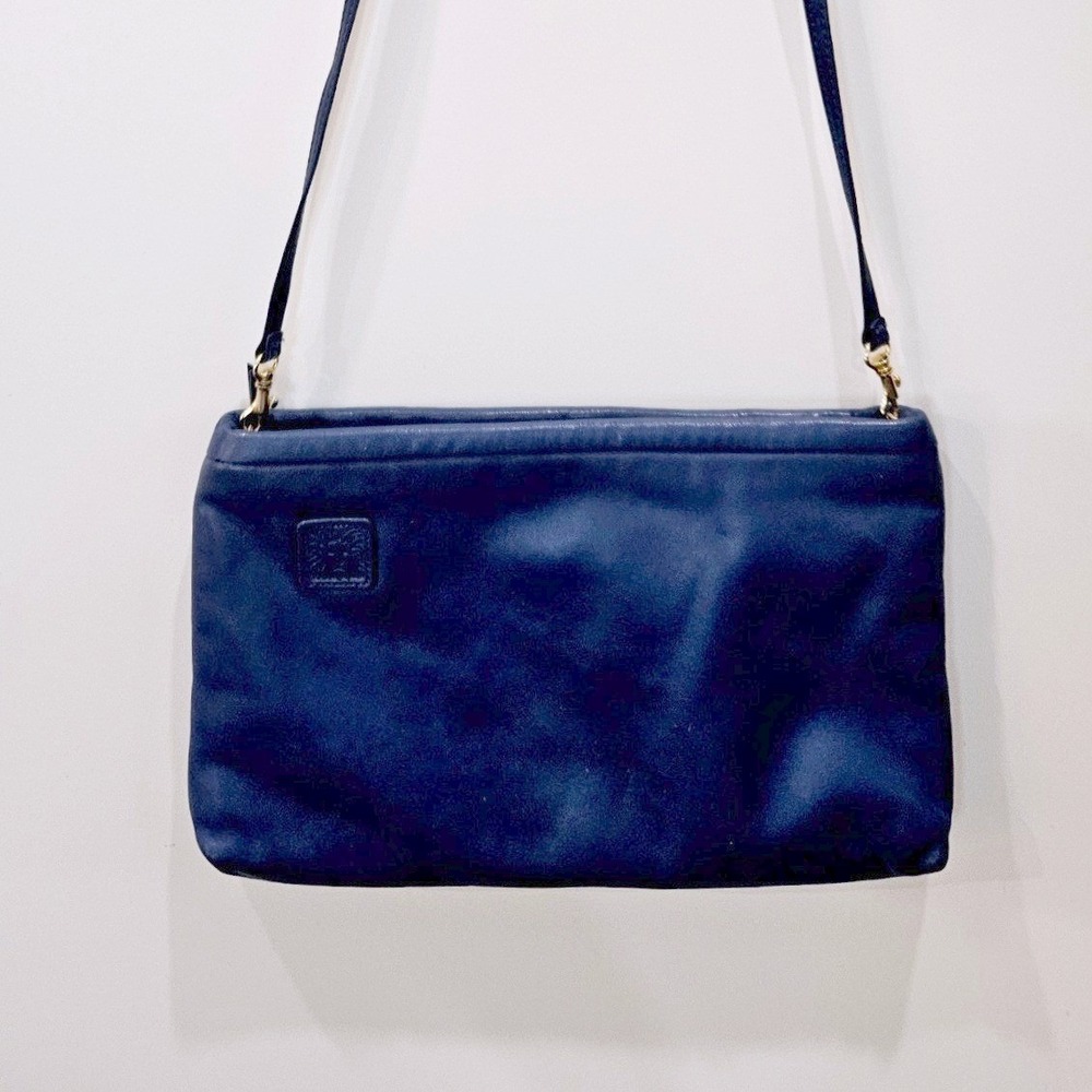 Anne Klein for Calderon Crossbody Bag Womens Blue Excellent Vintage Leather Zip